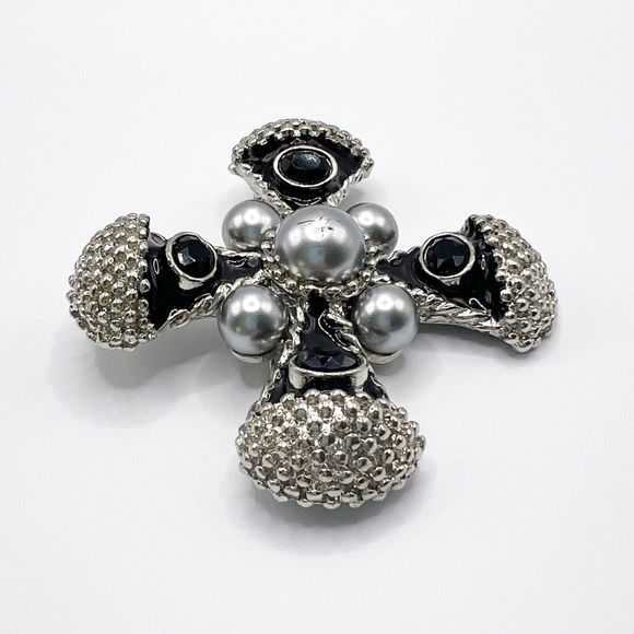 Vintage Maltese Cross Brooch Pin Faux Pearl Enamel Rhinestone 3" Statement Heavy - Picture 3 of 10